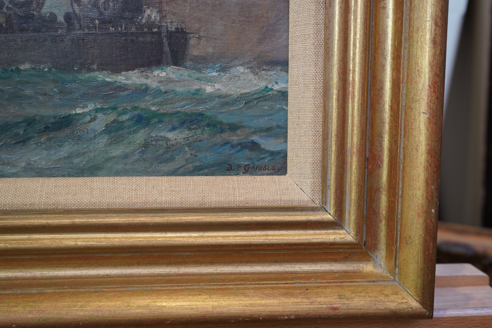 Bernard Finegan Gribble (1872-1962), Warships at Sea, signed lower right, oil on board, 22cm x 29cm
